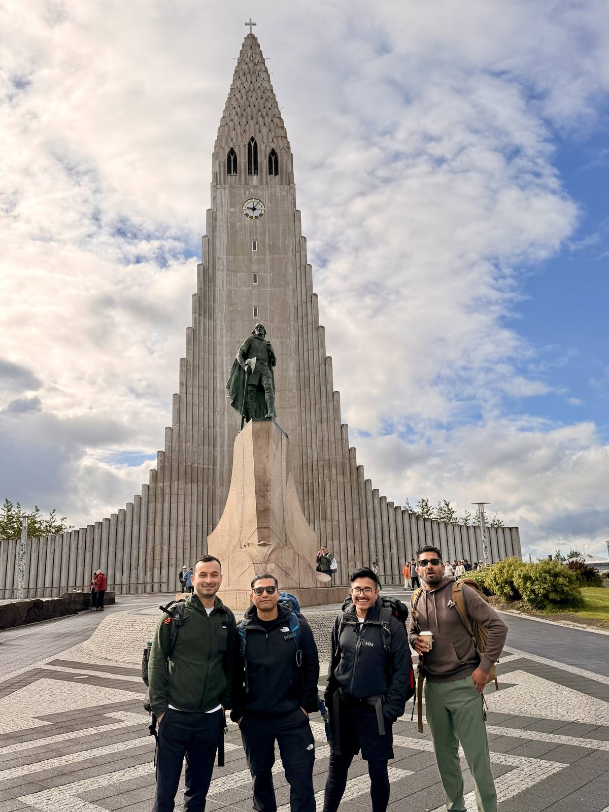 Group of friends in front of Hallgrímskirkja church, Reykjavik